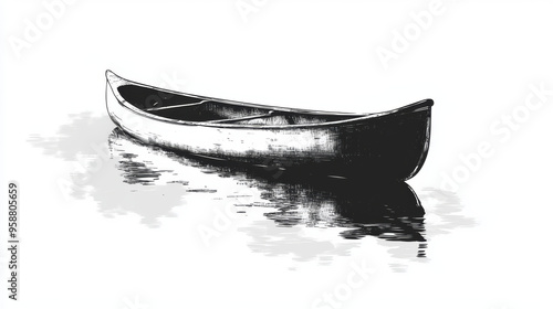 A simple, black and white image of a canoe on calm water. It's designed to look like an ink drawing and could be used as a logo for a water sports company. photo