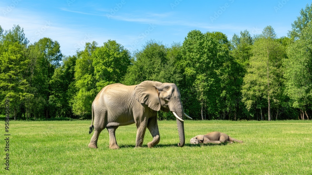Fototapeta premium A powerful elephant gazes calmly in the savannah, its trunk relaxed and strong legs poised to explore the grassy terrain during dusk