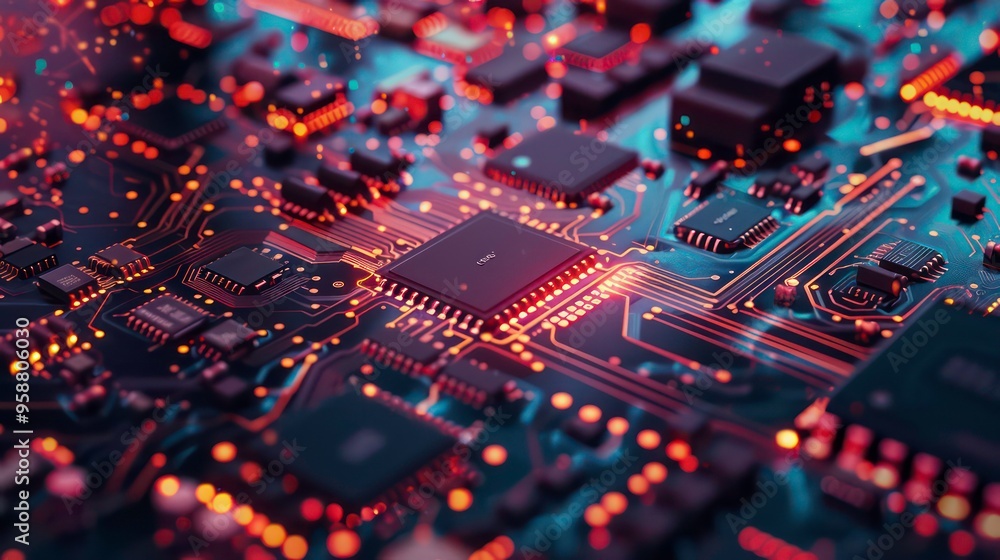 Close-up of a circuit board with glowing orange lines. Close-up of a circuit board with glowing orange lines.