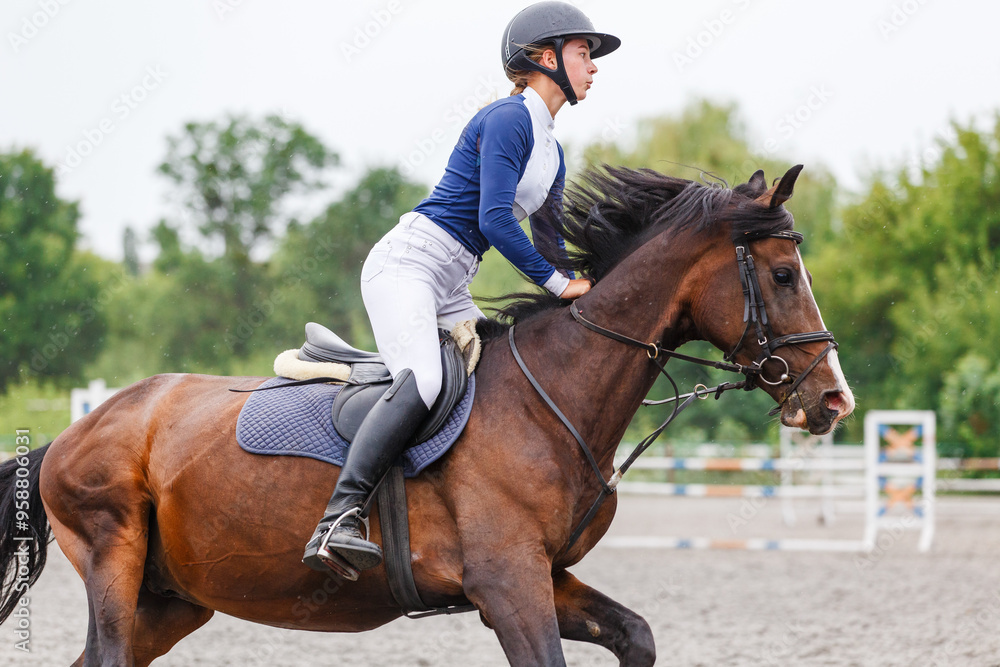 Female Rider Confidently Guides a Horse During a Equestrian Competition at an Outdoor Arena Female Rider Confidently Guides a Horse During a Equestrian Competition at an Outdoor Arena