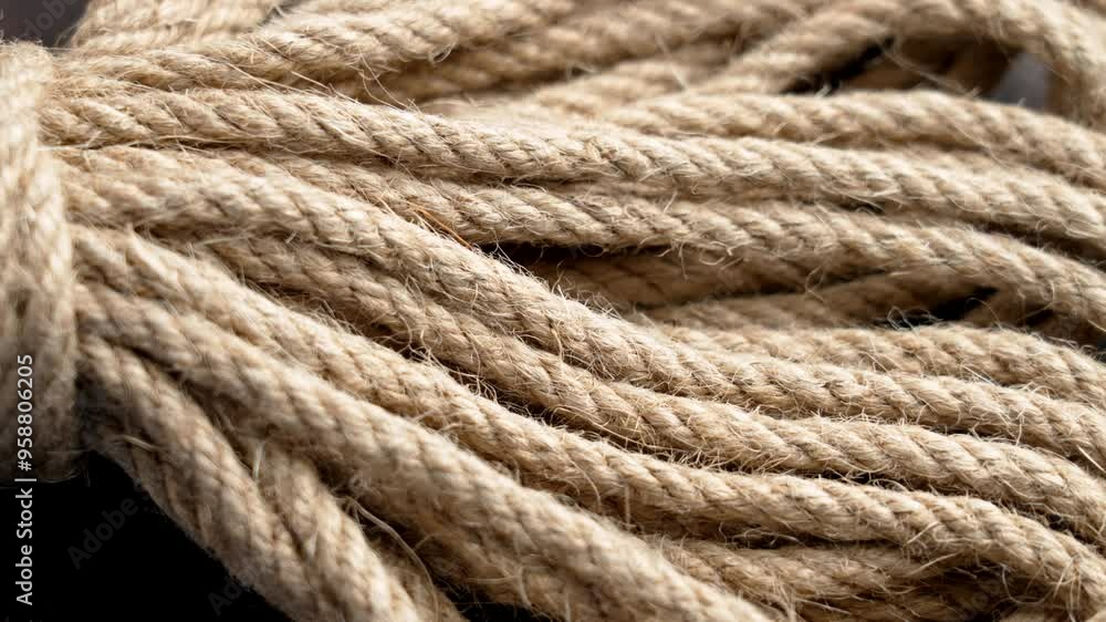 Bundle of fibrous sustainable knotted jute rope close up. Rotation Bundle of fibrous sustainable knotted jute rope close up. Rotation