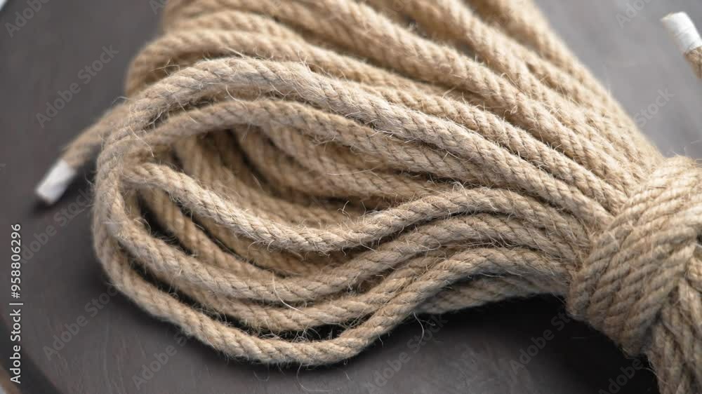 Bundle of fibrous sustainable jute rope falling in slow motion close up on a wooden surface Bundle of fibrous sustainable jute rope falling in slow motion close up on a wooden surface
