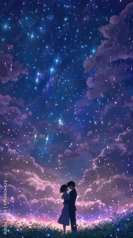 Obraz premium Two lovers share a tender embrace beneath a beautifully starry sky as twilight envelops them, capturing their deep emotions