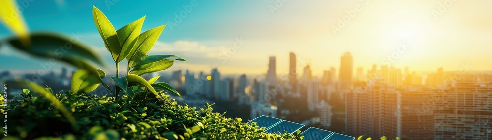 Fototapeta premium Urban nature concept with green plants and modern city skyline under a bright sun, promoting eco-friendly urban development.