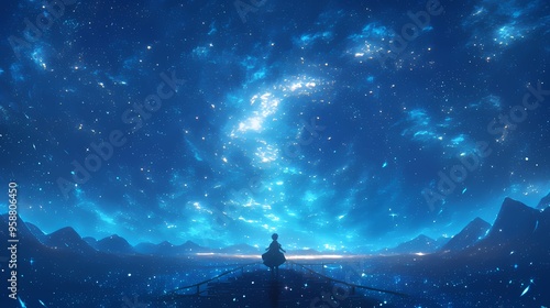 A figure gazing into a starry blue universe, evoking a sense of wonder and tranquility.