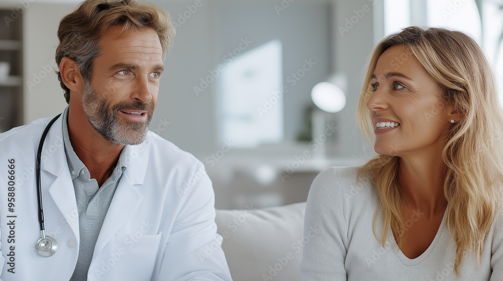 Fototapeta premium A young doctor in a white coat consulting a female patient who is sitting on a comfortable couch, both in a modern, well-lit clinic office, discussing health concerns with professi