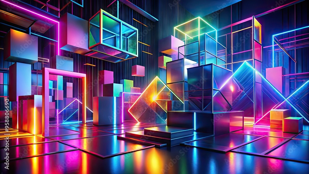 Abstract geometric shapes in neon hues overlap and intersect, creating a vibrant, futuristic composition that exudes cutting-edge style and contemporary sophistication. Abstract geometric shapes in neon hues overlap and intersect, creating a vibrant, futuristic composition that exudes cutting-edge style and contemporary sophistication.