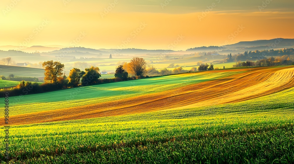 Obraz premium Breathtaking sunrise over vibrant green and golden fields.