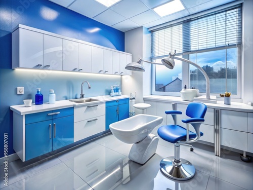 A clean and modern dental clinic background with a white sink, stainless steel instruments, and a blue and white color scheme, conveying professionalism and hygiene. photo