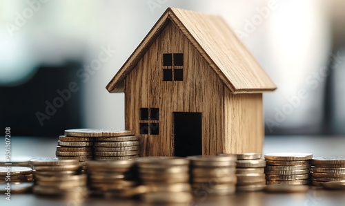 Wooden Model House Resting on Stacks of Coins