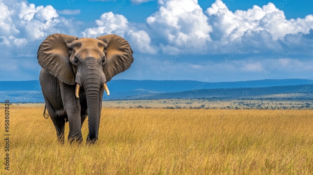 Fototapeta premium A powerful elephant gazes calmly in the savannah, its trunk relaxed and strong legs poised to explore the grassy terrain during dusk