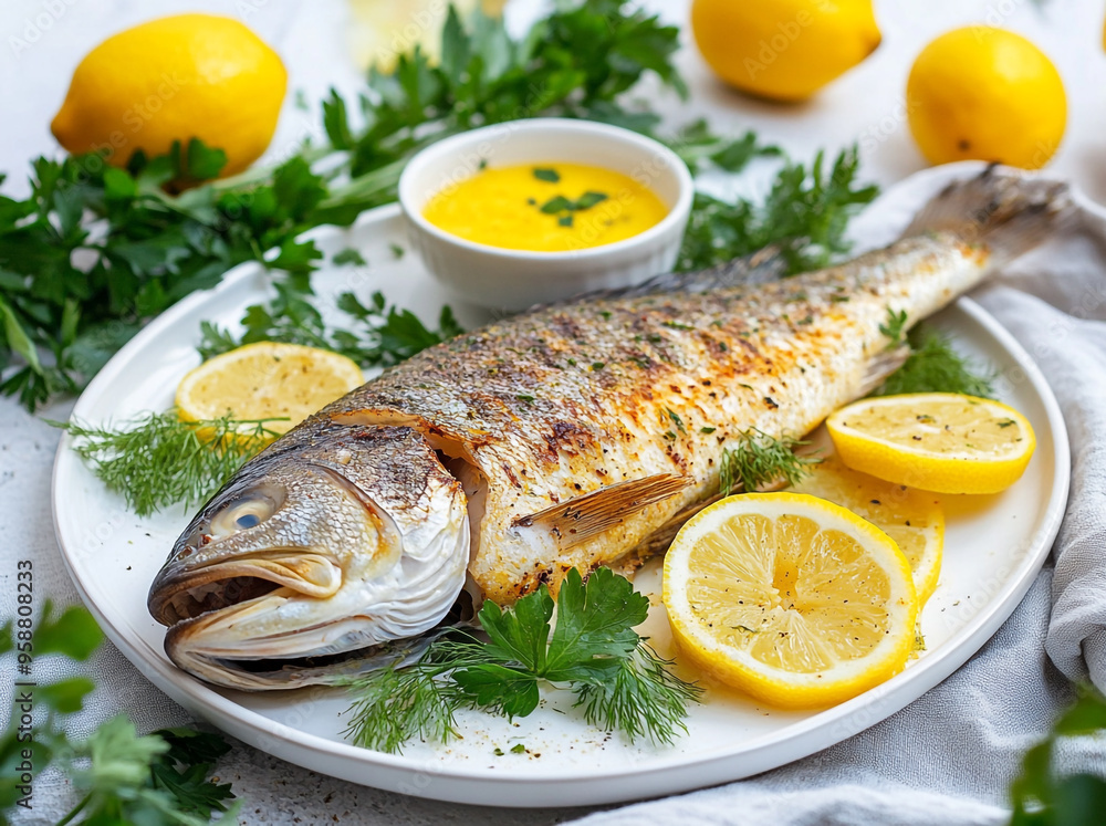 A large whole fish is on the white plate, surrounded by lemon slices and herbs. A large whole fish is on the white plate, surrounded by lemon slices and herbs.