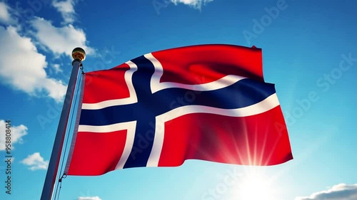 Norwegian Flag Waving in the Wind. Perfect for Patriotic Themes National Celebrations Independence Day Videos and Scandinavian Heritage Projects photo