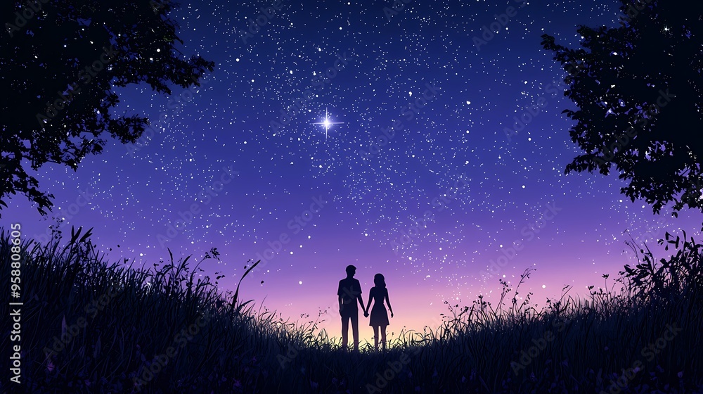 Silhouetted couple under a starlit sky, embracing the beauty of the night. Silhouetted couple under a starlit sky, embracing the beauty of the night.
