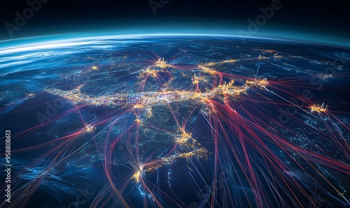 Detailed Digital Map of Global Supply Chain Network with Color-Coded Transport Routes Connecting Manufacturing Hubs and Distribution Centers