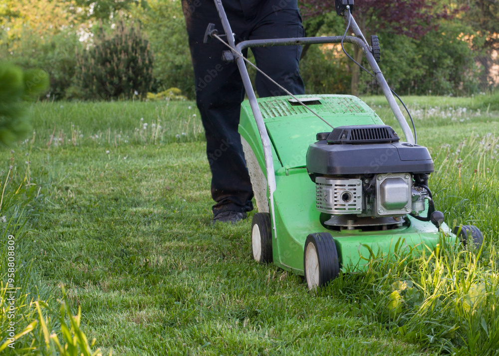 Fototapeta premium Man Mowing Grass with Green Lawn Mower