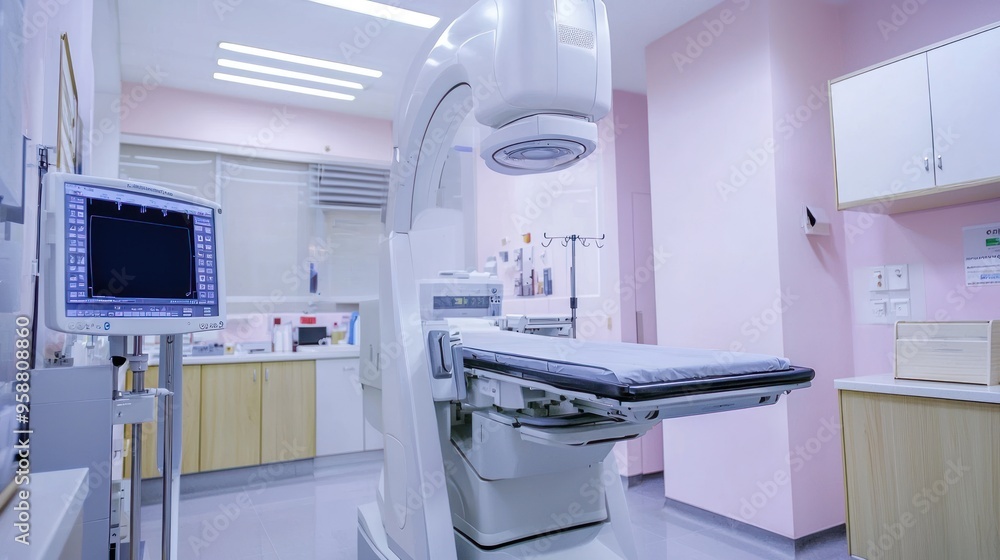 A mammography machine in a hospital examination room. A mammography machine in a hospital examination room.