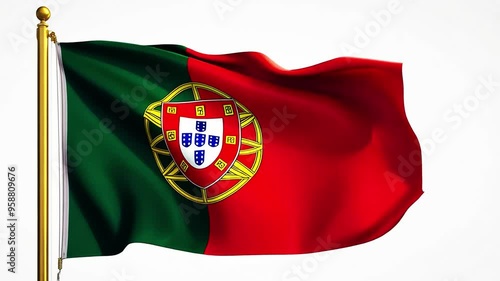 The Portuguese flag, featuring green and red vertical stripes with the national coat of arms in the center, waves vibrantly against a clear sky. This flag symbolizes Portugal's rich heritage and natio photo