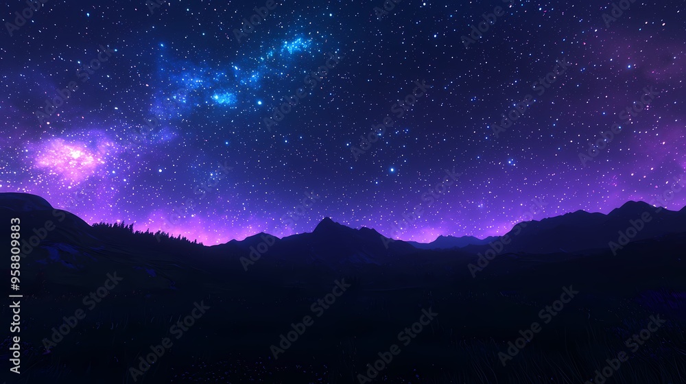 Breathtaking night sky filled with stars over majestic mountains. Breathtaking night sky filled with stars over majestic mountains.