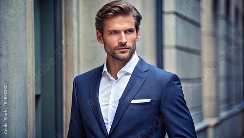 A crisp, navy blue blazer with a subtle pattern is paired with a crisp white shirt and tailored trousers, exuding confidence and professionalism. photo