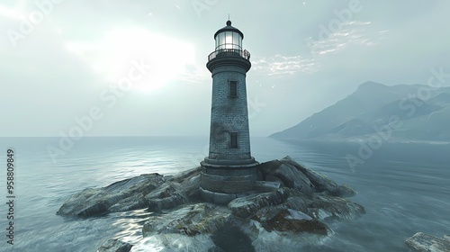 A serene lighthouse stands on rocky shores under a soft, cloudy sky. photo