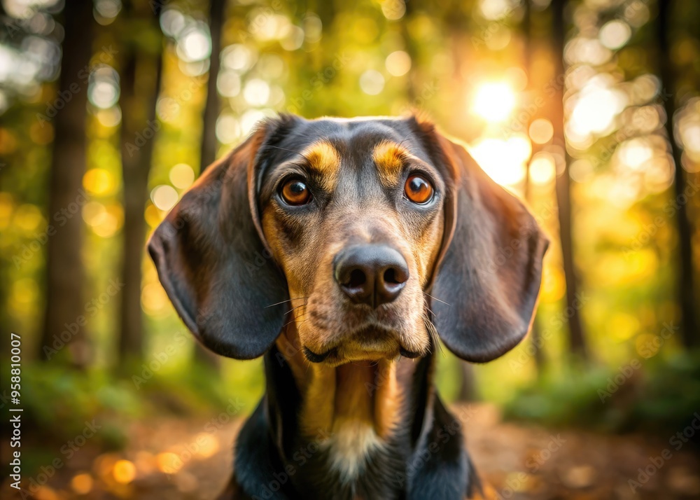 A curious black and tan Coonhound Beagle mix dog with floppy ears and expressive brown eyes sniffs the air in a sun-drenched woodland clearing. A curious black and tan Coonhound Beagle mix dog with floppy ears and expressive brown eyes sniffs the air in a sun-drenched woodland clearing.