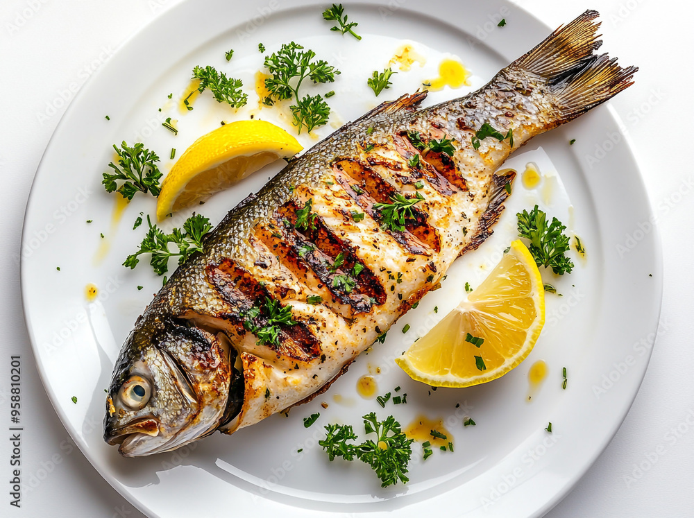 A large whole fish is on the white plate, surrounded by lemon slices and herbs. A large whole fish is on the white plate, surrounded by lemon slices and herbs.