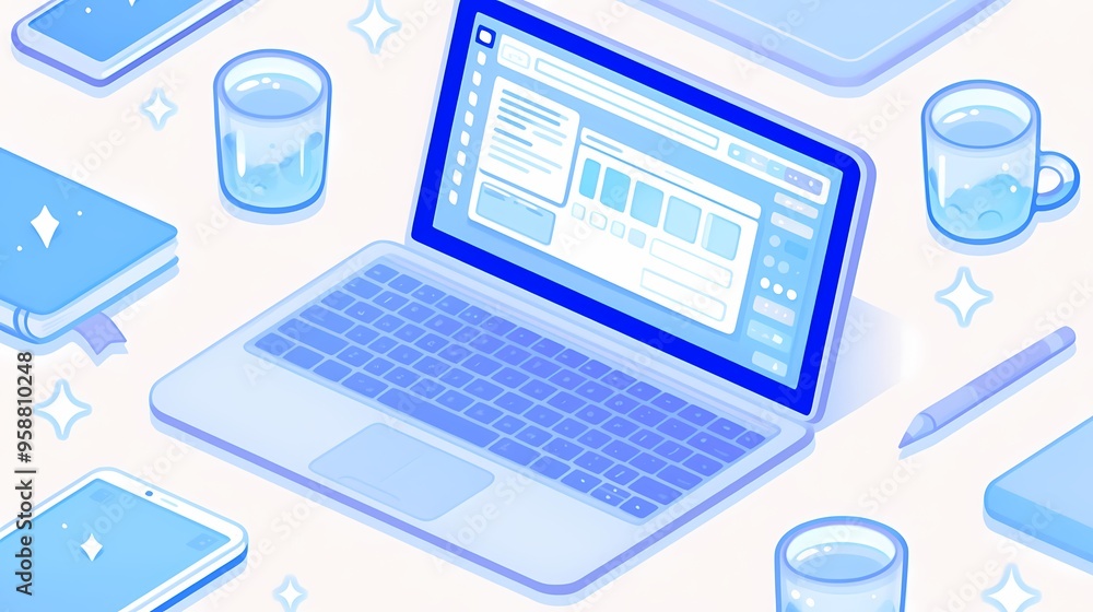 Illustration of a modern workspace with a laptop and office supplies in blue tones. Illustration of a modern workspace with a laptop and office supplies in blue tones.