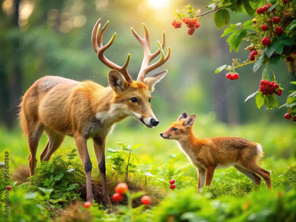 A curious fox and gentle deer share a serene forest glade, nibbling on lush green grass and juicy berries together in perfect harmony. A curious fox and gentle deer share a serene forest glade, nibbling on lush green grass and juicy berries together in perfect harmony.