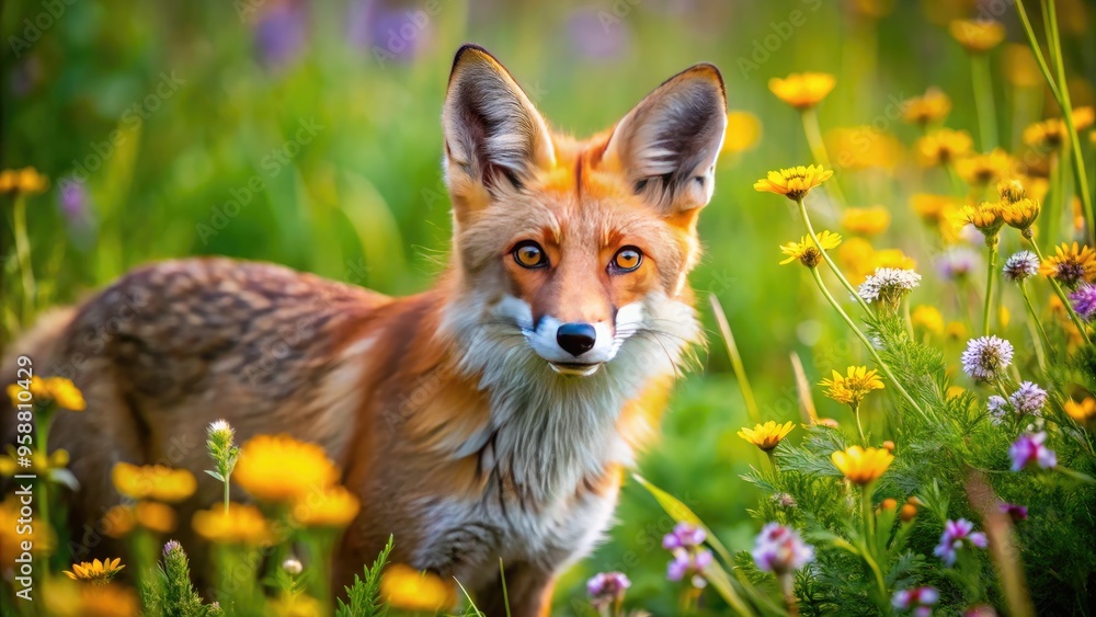 A curious, orange-hued fox with piercing yellow eyes explores a lush, green meadow, its fluffy tail twitching, surrounded by vibrant wildflowers on a sunny day. A curious, orange-hued fox with piercing yellow eyes explores a lush, green meadow, its fluffy tail twitching, surrounded by vibrant wildflowers on a sunny day.