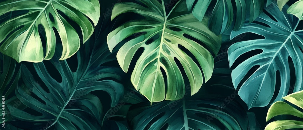 Tropical Leaves Abstract Background with Watercolor Art Texture Tropical Leaves Abstract Background with Watercolor Art Texture