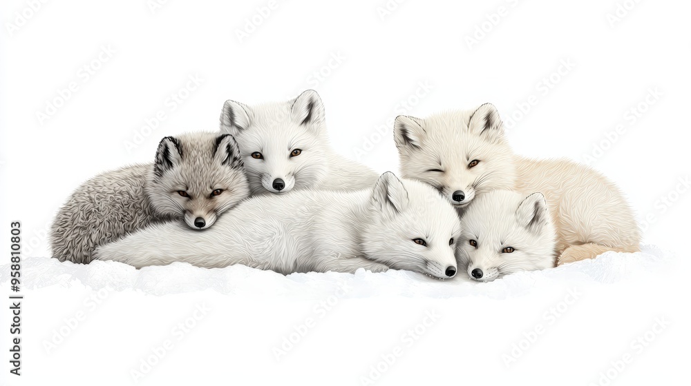 A cozy group of arctic foxes resting together on a snowy surface, showcasing their soft fur and playful nature. A cozy group of arctic foxes resting together on a snowy surface, showcasing their soft fur and playful nature.