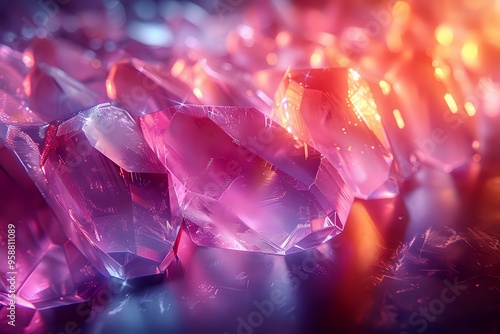 stunning display of vibrant pink crystals reflecting warm and cool light, creating a magical and radiant atmosphere. The translucent quality of the crystals highlights their natural beauty 