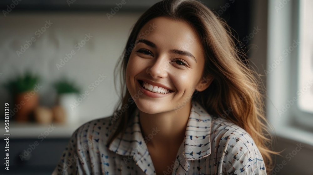 Beautiful Smiling Young Woman in Pajamas at home Beautiful Smiling Young Woman in Pajamas at home