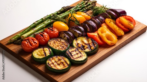 A colorful assortment of grilled vegetables including zucchini, bell peppers, tomatoes, asparagus, and eggplant on a wooden board.