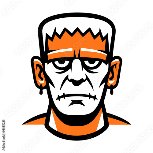 Frankenstein monster face, Halloween character, vector art