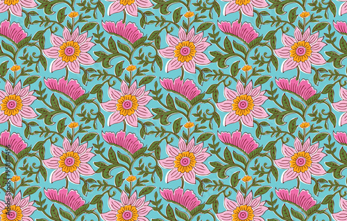 HAND DRAWN SUNFLOWER WITH LEAVES SEAMLESS INDIAN PATTERN DIGITAL CONTEMPORARY PRINT