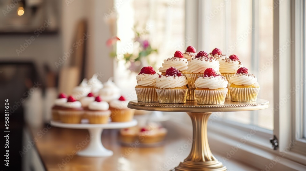 A stylish tiered display of cupcakes topped with whipped frosting and fresh berries, arranged in a modern kitchen setting. A stylish tiered display of cupcakes topped with whipped frosting and fresh berries, arranged in a modern kitchen setting.