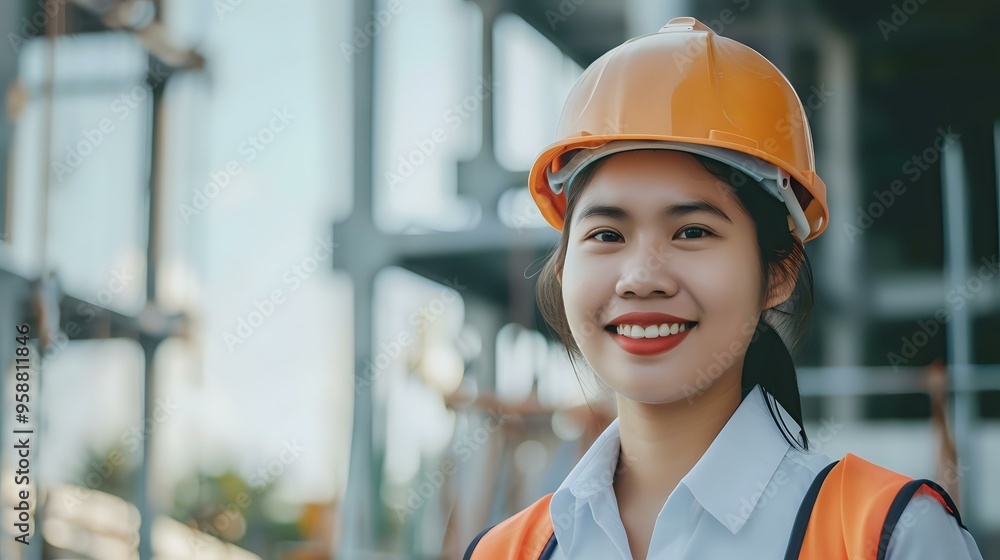 A portrait of a female construction worker wearing a safety helmet and reflective vest, smiling confidently at a work site. Ideal for engineering, construction, and workforce diversity projects. A portrait of a female construction worker wearing a safety helmet and reflective vest, smiling confidently at a work site. Ideal for engineering, construction, and workforce diversity projects.