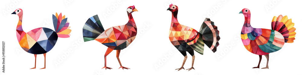 Fototapeta premium Colorful geometric turkeys in a vibrant collection, showcasing artistic designs and styles for festive themes or farm illustrations.