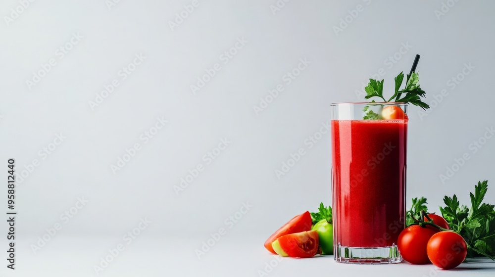A refreshing glass of tomato juice garnished with celery and lime, surrounded by fresh tomatoes and greens on a clean background. A refreshing glass of tomato juice garnished with celery and lime, surrounded by fresh tomatoes and greens on a clean background.