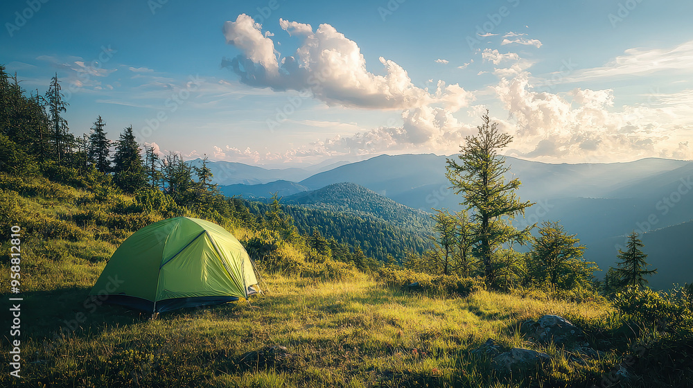 This image captures a lone tent pitched on a grassy hillside, with a breathtaking view of forested mountains and a sky adorned with clouds, symbolizing adventure and solitude. This image captures a lone tent pitched on a grassy hillside, with a breathtaking view of forested mountains and a sky adorned with clouds, symbolizing adventure and solitude.
