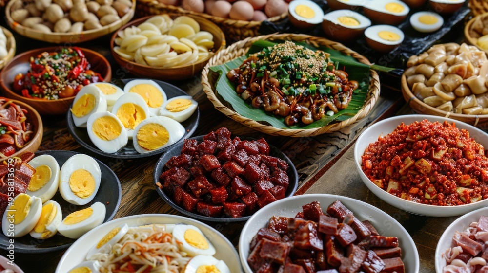 Assorted gourmet dishes and appetizers on a buffet table. Assorted gourmet dishes and appetizers on a buffet table.