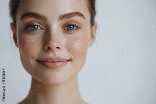 A beautiful woman close-up, facial skin care display