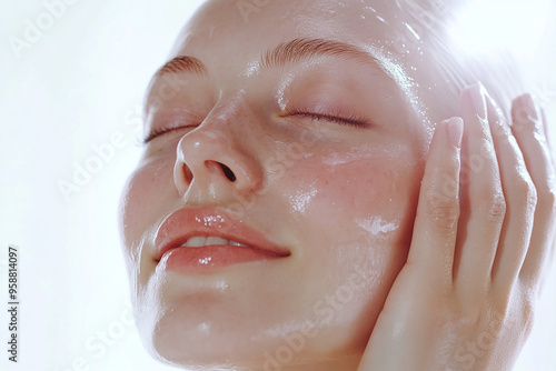 A beautiful woman close-up, facial skin care display