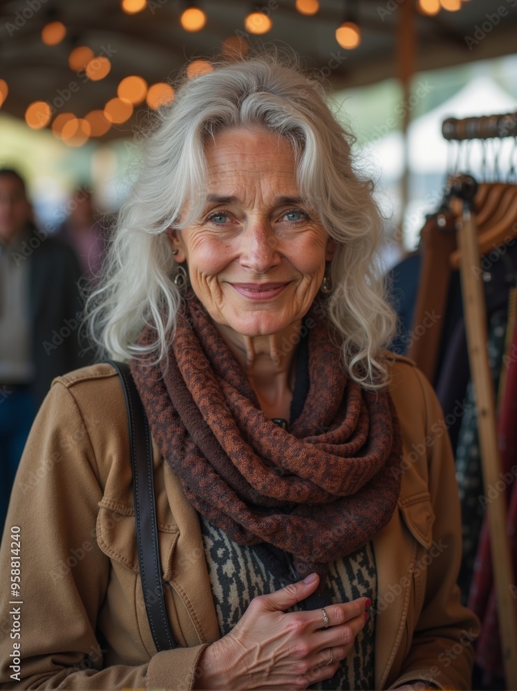 Elegant caucasian woman with silver hair smiles warmly at bustling outdoor market on sunny day Elegant caucasian woman with silver hair smiles warmly at bustling outdoor market on sunny day