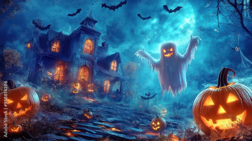 Haunted house with pumpkins and a ghost under full moon Haunted house with pumpkins and a ghost under full moon