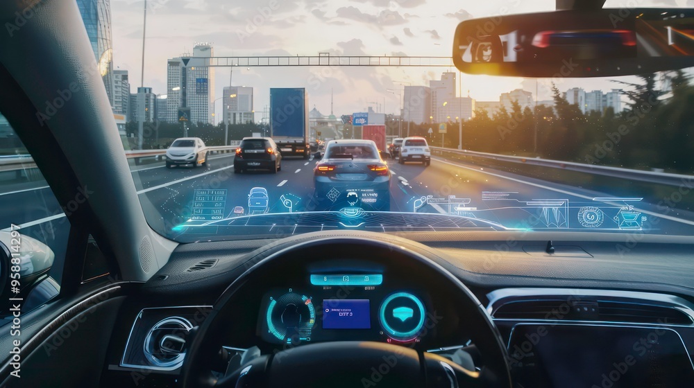 A driver's perspective of a futuristic self-driving car, showcasing its advanced features and technology while navigating through a busy city. A driver's perspective of a futuristic self-driving car, showcasing its advanced features and technology while navigating through a busy city.