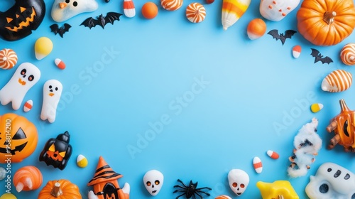 Halloween decorations arranged around a blue frame