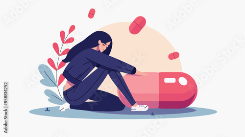 Depression and Antidepressants Concept Young Woman with Pills